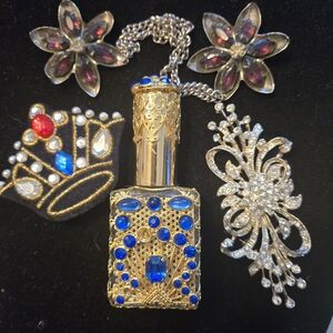 Unique Vintage Gold and Blue Brooch Collection Plus A Vtg. Working Perfume Btl.